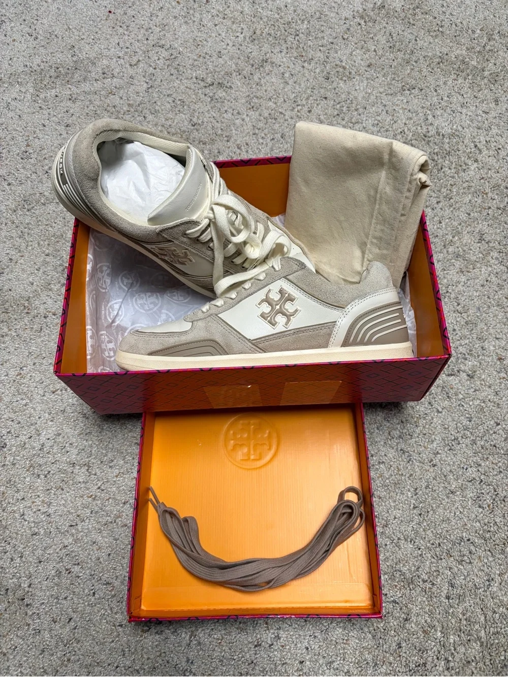 Tory Burch Cream & Taupe Clover Court Suede Logo Sneakers